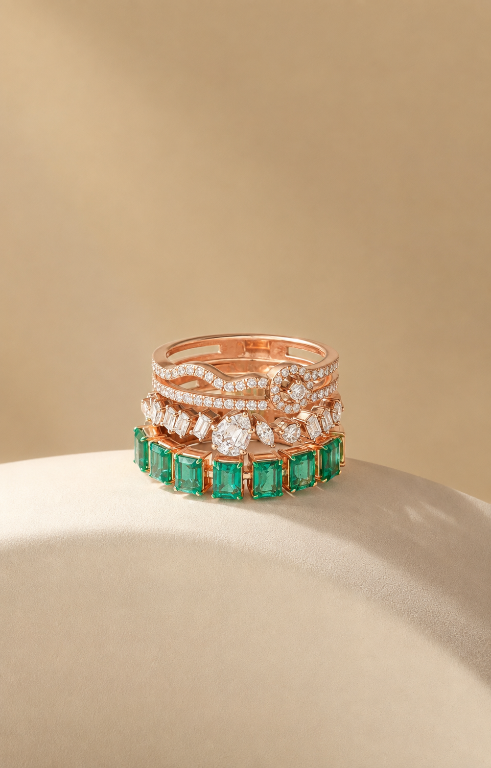 Vanya Diamond & Green Stone Ring Stack