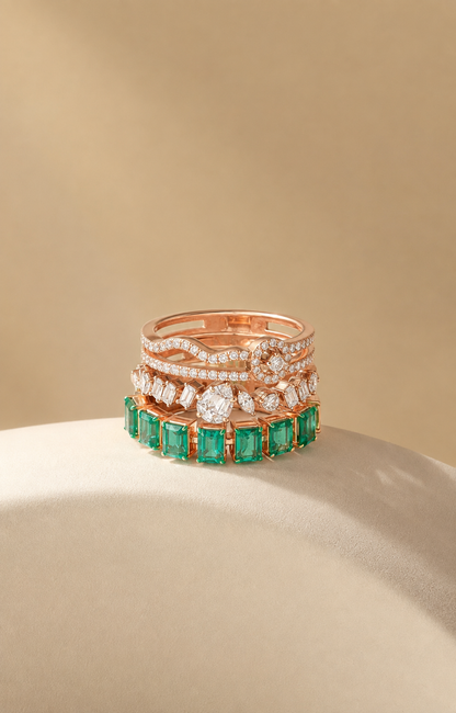 Vanya Diamond & Green Stone Ring Stack