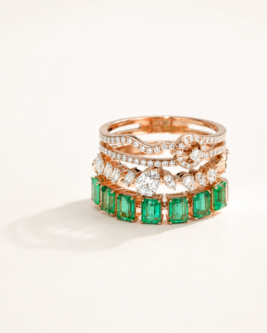 Vanya Diamond & Green Stone Ring Stack