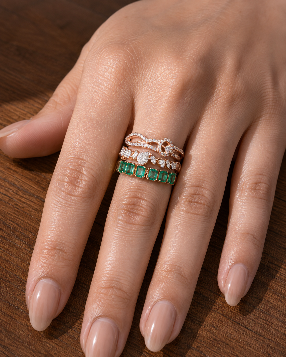 Vanya Diamond & Green Stone Ring Stack